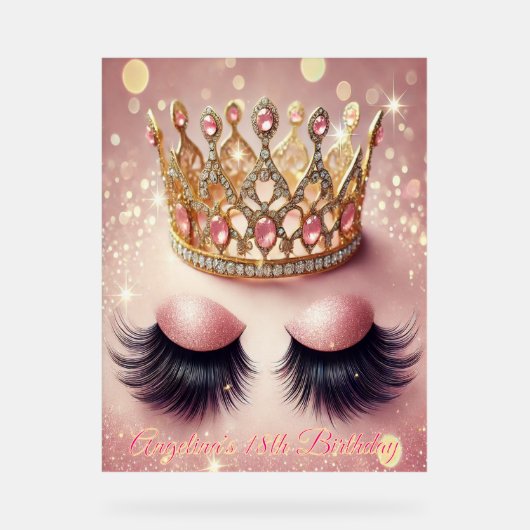 Elegante roze en gouden kroon wimpers acryl bord (Voorkant)