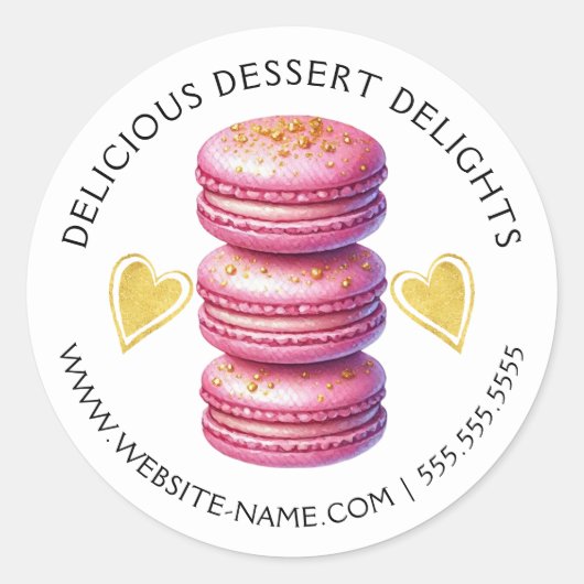 Elegante roze en gouden macaron bakken ronde sticker (Voorkant)