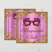 Elegante roze en gouden maskerade partij kaart (Voorkant / Achterkant)