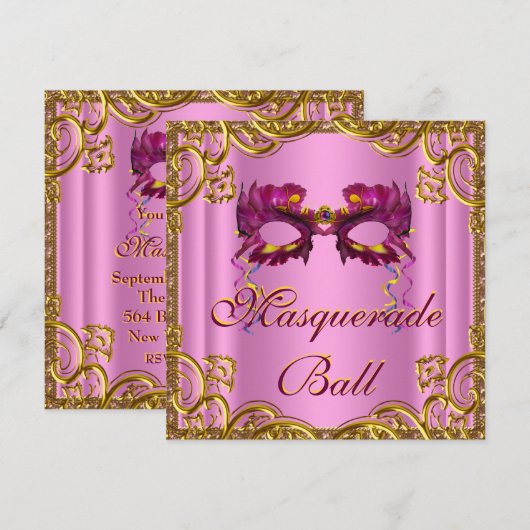 Elegante roze en gouden maskerade partij kaart (Voorkant / Achterkant)