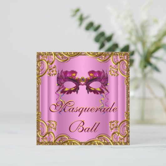 Elegante roze en gouden maskerade partij kaart (Staand voorkant)
