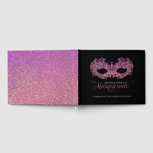 Elegante roze en gouden maskerade Quinceanera Gastenboek (Volledig)