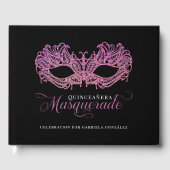 Elegante roze en gouden maskerade Quinceanera Gastenboek (Voorkant)