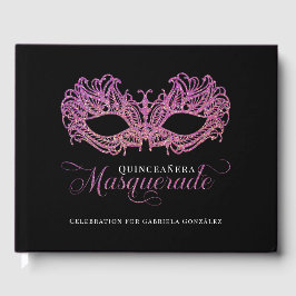 Elegante roze en gouden maskerade Quinceanera Gastenboek