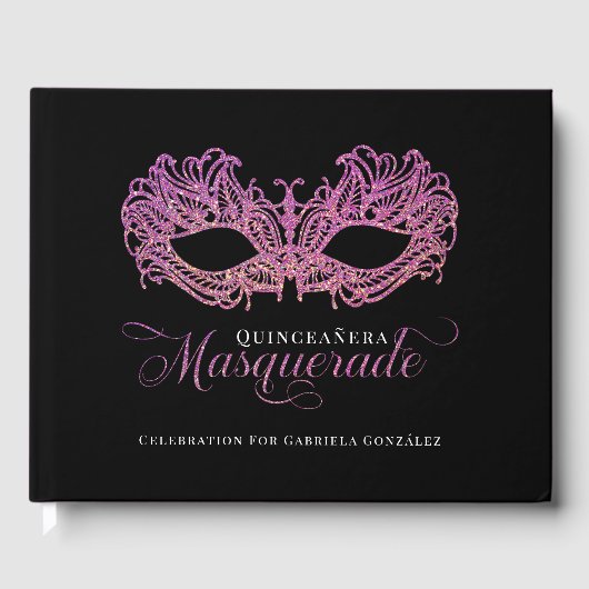 Elegante roze en gouden maskerade Quinceanera Gastenboek (Voorkant)