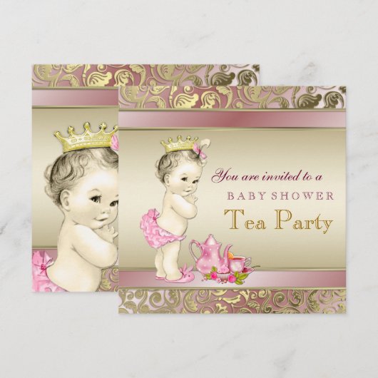 Elegante roze en gouden meisjes Tea Party Baby sho Kaart (Voorkant / Achterkant)