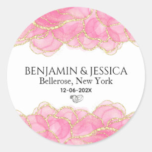 Elegante roze en gouden moderne bruiloft ronde sticker