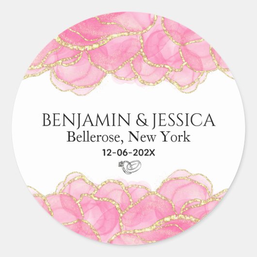 Elegante roze en gouden moderne bruiloft ronde sticker (Voorkant)