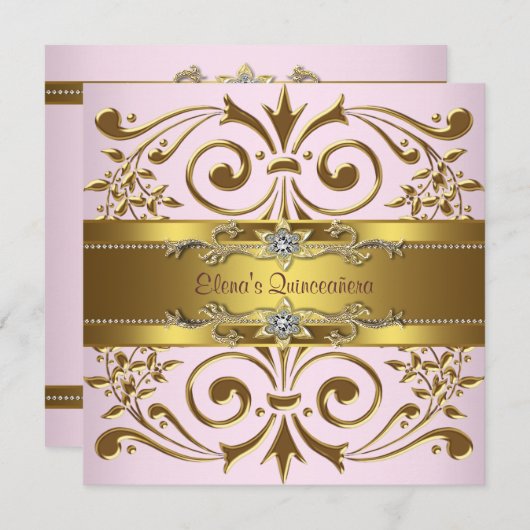 Elegante roze en gouden Quinceanera-uitnodigingen Kaart (Voorkant / Achterkant)