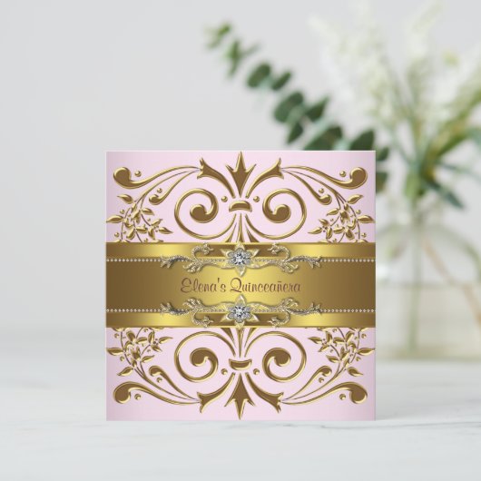 Elegante roze en gouden Quinceanera-uitnodigingen Kaart (Staand voorkant)