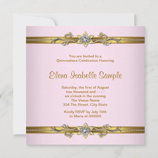 Elegante roze en gouden Quinceanera-uitnodigingen Kaart (Achterkant)