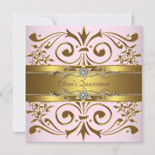 Elegante roze en gouden Quinceanera-uitnodigingen Kaart (Voorkant)