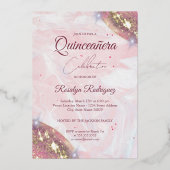 Elegante roze en gouden Quinceañera verjaardag Folie Uitnodiging (Voorkant)