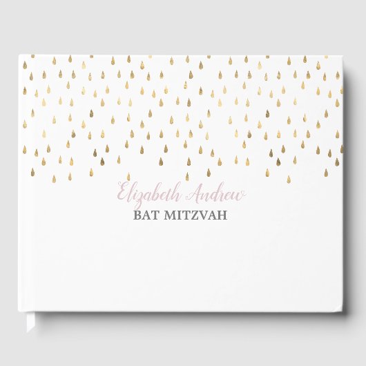 Elegante roze en gouden regendruppels Bat Mitzvah Gastenboek (Voorkant)