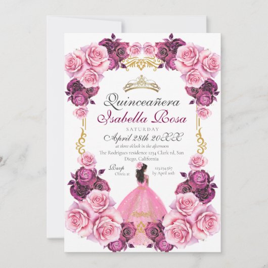 Elegante roze en gouden Spaanse Quinceanera XV Año Kaart (Voorkant)