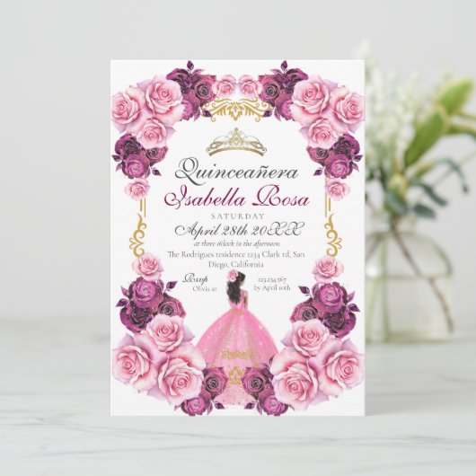 Elegante roze en gouden Spaanse Quinceanera XV Año Kaart (Staand voorkant)