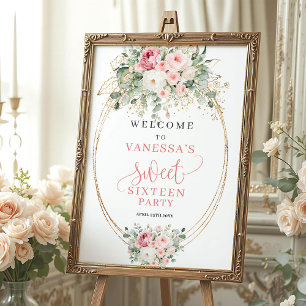 Elegante Roze en Gouden Sweet Sixteen Welkom Poster