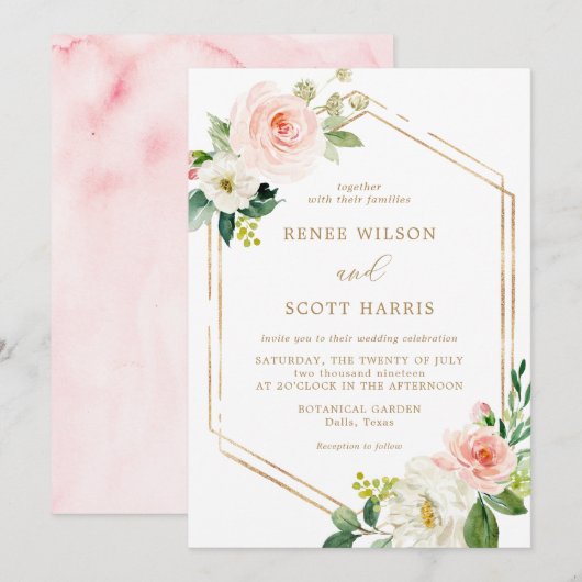 Elegante Roze en Gouden Waterverf Bloem Bruiloft Kaart (Voorkant / Achterkant)