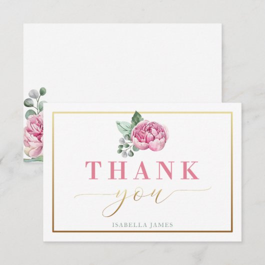 Elegante Roze en Gouden Waterverf Bloemen Baby Sho Bedankkaart (Voorkant / Achterkant)