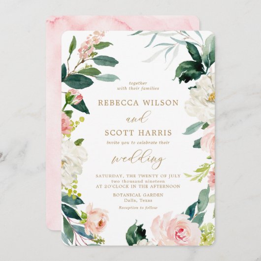Elegante Roze en Gouden Waterverf Bloemen Bruiloft Kaart (Voorkant / Achterkant)