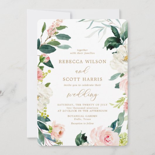 Elegante Roze en Gouden Waterverf Bloemen Bruiloft Kaart (Voorkant)