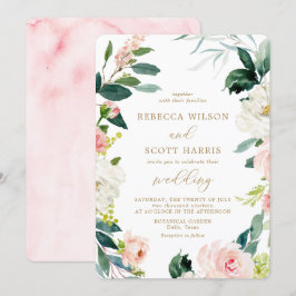 Elegante Roze en Gouden Waterverf Bloemen Bruiloft Kaart