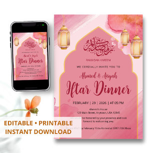 Elegante Roze en Gouden Waterverf Boog Iftar Diner Kaart
