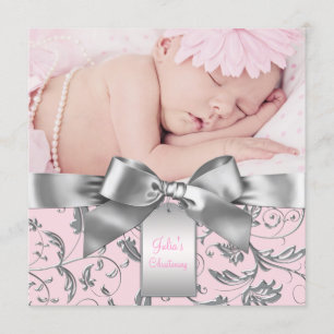 Elegante Roze en Grijs Doopfeest Kaart