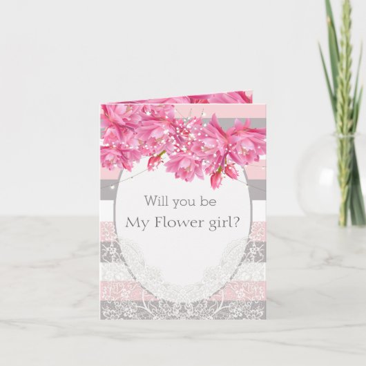 Elegante roze en grijze bloemenkant bruiloft bedankkaart (Voorkant)