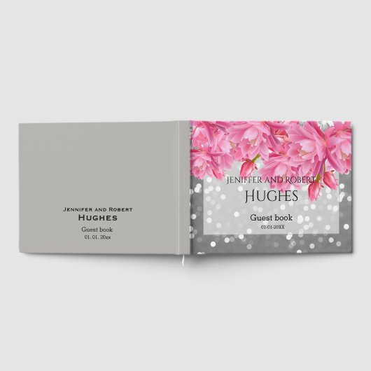 Elegante roze en grijze bloemenkant bruiloft gastenboek (Volledig)