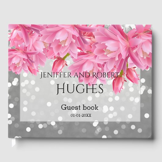 Elegante roze en grijze bloemenkant bruiloft gastenboek (Voorkant)
