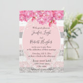 Elegante roze en grijze bloemenkant bruiloft kaart (Staand voorkant)