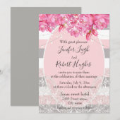 Elegante roze en grijze bloemenkant bruiloft kaart (Voorkant / Achterkant)