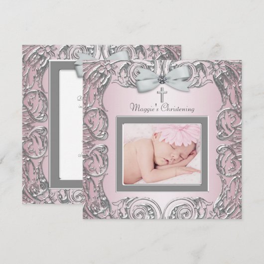 Elegante roze en grijze doop uitnodigingen (Voorkant / Achterkant)