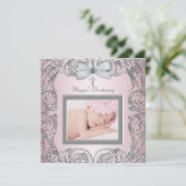 Elegante roze en grijze doop uitnodigingen (Staand voorkant)