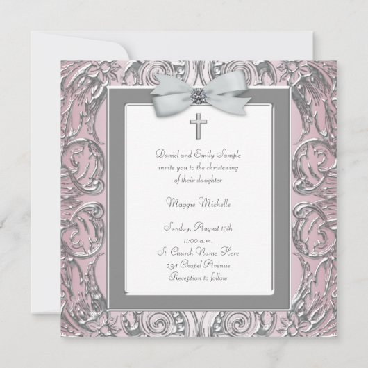 Elegante roze en grijze doop uitnodigingen (Achterkant)