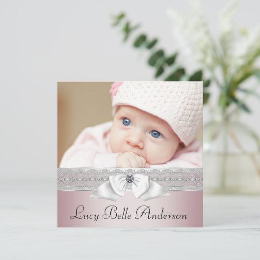 Elegante roze en grijze geboorteaankondigingen aankondiging (Staand voorkant)