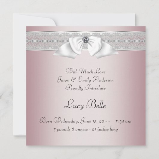 Elegante roze en grijze geboorteaankondigingen aankondiging (Achterkant)