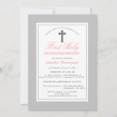 Elegante Roze en Grijze Strepen Eerste Communie Kaart (Voorkant)