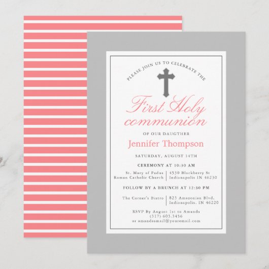 Elegante Roze en Grijze Strepen Eerste Communie Kaart (Voorkant / Achterkant)