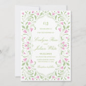 Elegante roze en groene bloemen bruiloft uitnodigi kaart (Voorkant)