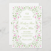 Elegante roze en groene bloemen bruiloft uitnodigi kaart (Voorkant / Achterkant)