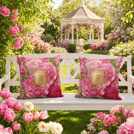 Elegante roze en groene pioenroos tulp monogram  buitenkussen