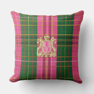 Elegante roze en groene Plaid Monogram Sierkussen