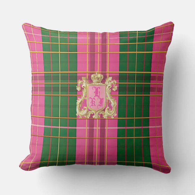 Elegante roze en groene Plaid Monogram Sierkussen (Voorkant)