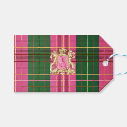 Elegante roze en groene ruitmonogram cadeaulabel (Voorkant (Horizontaal))