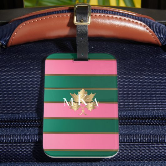 Elegante roze en groene strepen monogram bagagelabel (Voorkant Insitu 2)