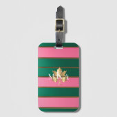 Elegante roze en groene strepen monogram bagagelabel (Voorkant (verticaal))