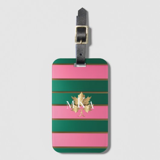 Elegante roze en groene strepen monogram bagagelabel (Voorkant (verticaal))