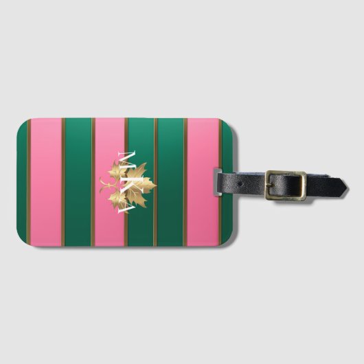 Elegante roze en groene strepen monogram bagagelabel (Voorkant (horizontaal))